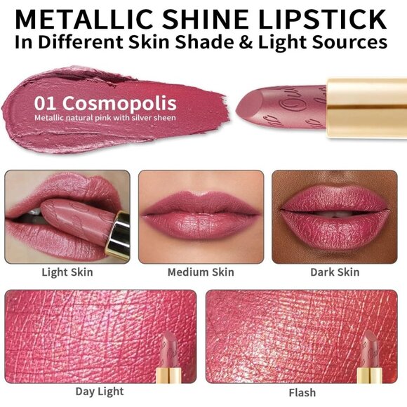 🆕 Metallic Shine Pink Lipstick High Impact Lipcolor Moisturizing Creamy Formula - Picture 5 of 8